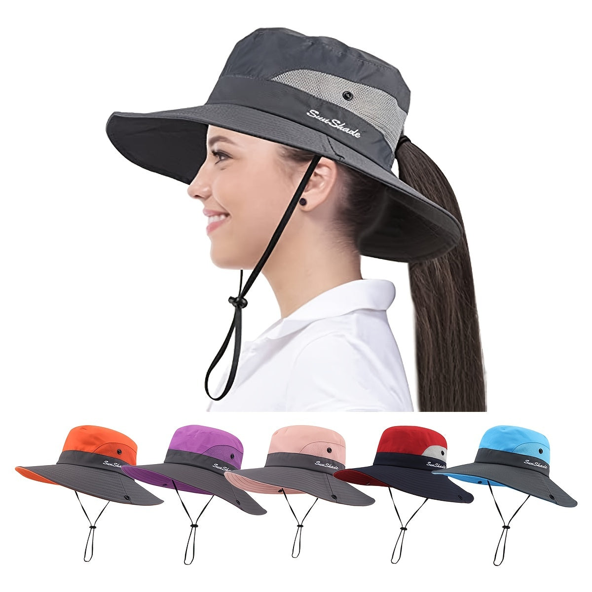 UV Protection Fishing Bucket Hat with Cooling Mesh and Ponytail Opening