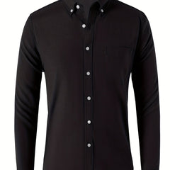 Solid Men's Casual Button Up Long Sleeve Shirt With Pocket