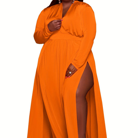  Sexy Long Sleeve Surplice Neck High Split Dress