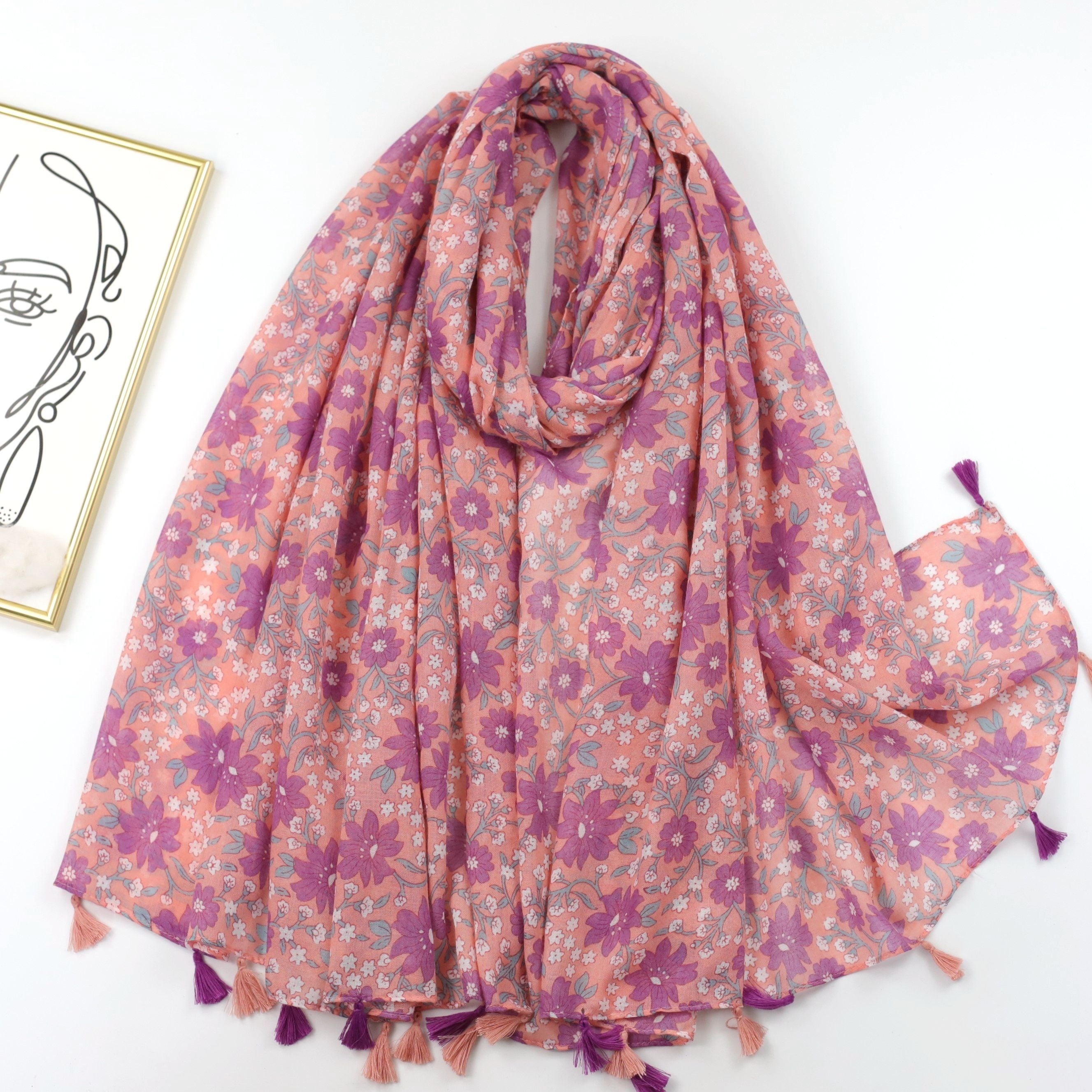 Floral Print Scarf Tassel Shawl Head Wrap Sunscreen Windproof Beach Towel