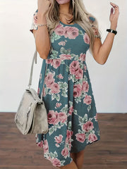  Floral Print Short Sleeve Ruched Dress