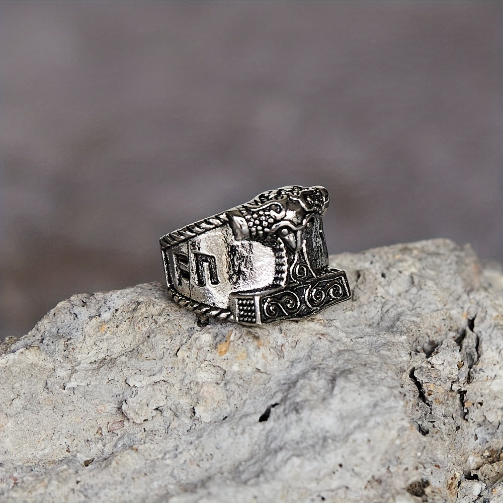 Thor's Hammer Ring Nordic Viking Good Luck Sign Verse Ring For Men