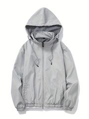 Solid Zip Up Men's Casual Jacket with Drawstring Hood
