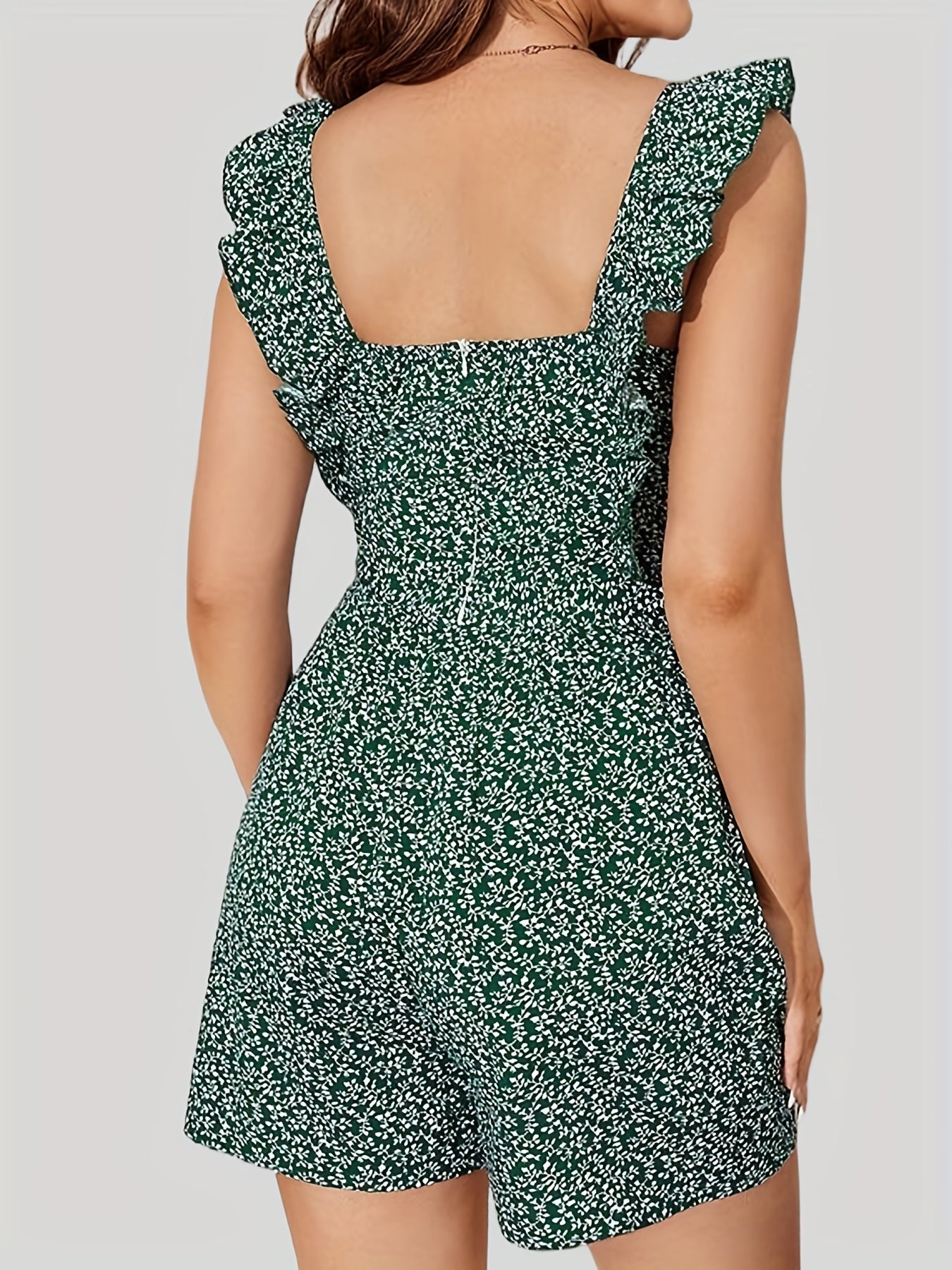 Floral Print Drawstring Romper Jumpsuit Sleeveless Ruffle Trim