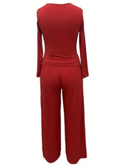 Lounge Solid 2pc Set Slim Long Sleeve T shirt & Wide Leg Pants