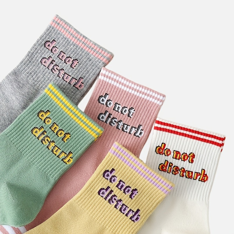 5 Pairs Letter Print Striped Socks Crew Sports Stockings Women's Hosiery