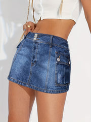 High Waist Denim Skirt with Flap Pockets