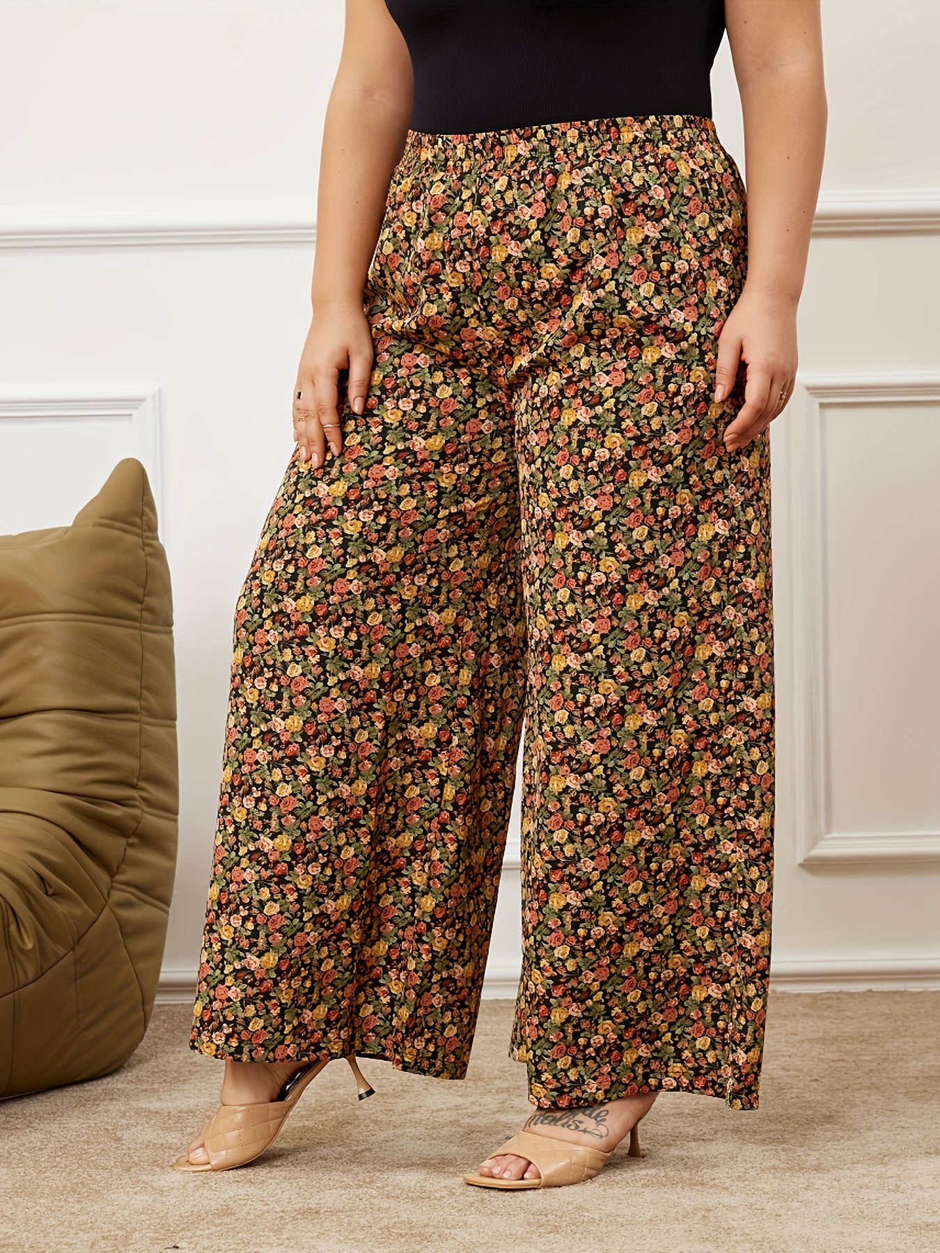 Women's Plus Size Floral Print High Rise Wide Leg Pants