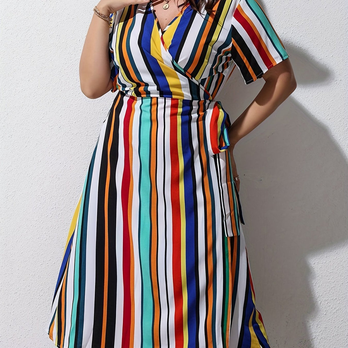  Colorful Stripe Print Short Sleeve Dress With Belt