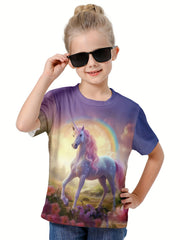 3D Forest Unicorn Graphic Short Sleeve T-shirt for Girls