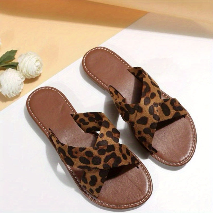 Women's Cross Strap Flat Slippers Open Toe Non Slip Slides
