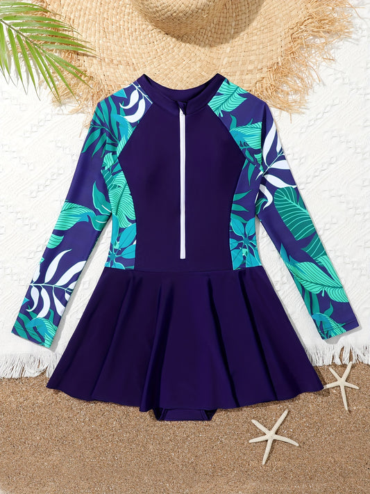 Girls Zip Long Sleeve One Piece Swimsuit