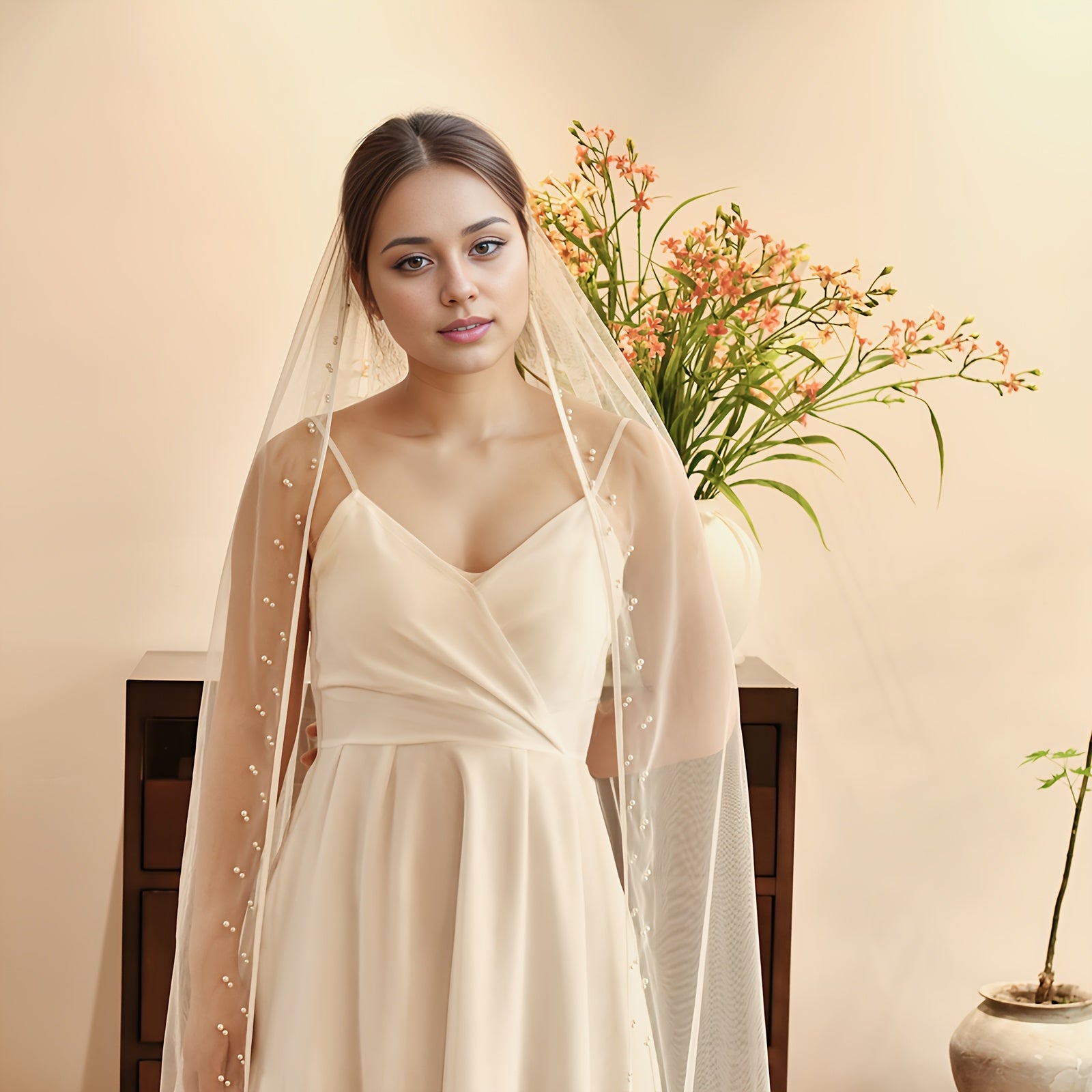 Bridal Veil Wedding Hair Accessory Nylon Sheer Fabric Beige V292