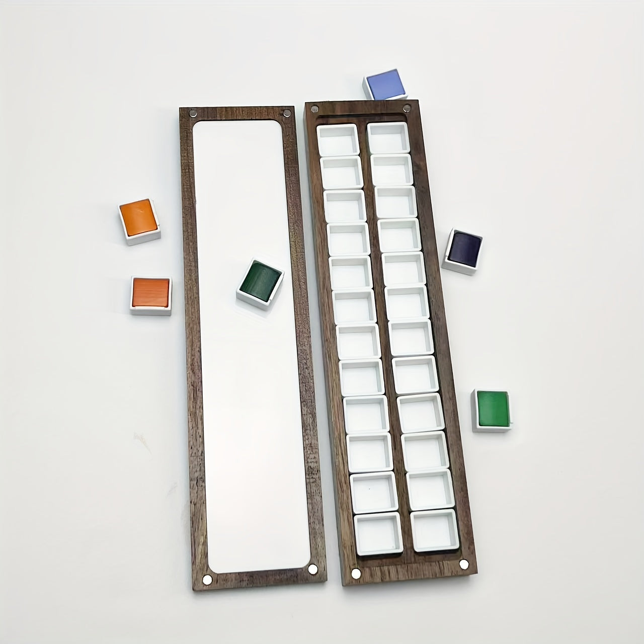 Wooden Watercolor Palette Box 24 Empty Half Pans Walnut Wood Travel Water Set
