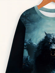 Wolf Print Men's Long Sleeve Tee for Autumn