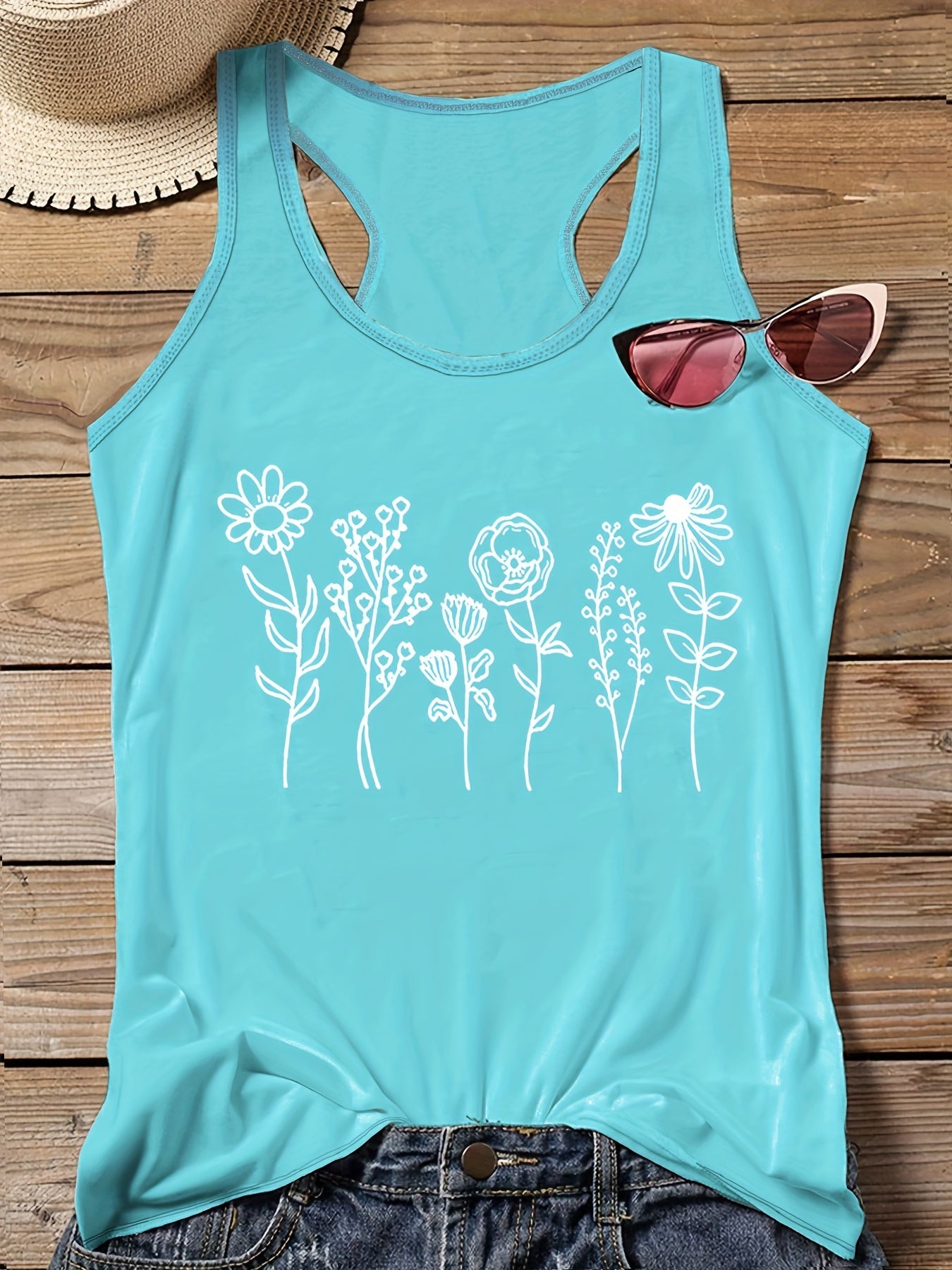  Casual Tank Top Women's Plus Floral Print Round Neck Slight Stretch
