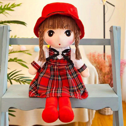 Sweetheart Princess Plush Toy with Red Hat & Plaid Dress