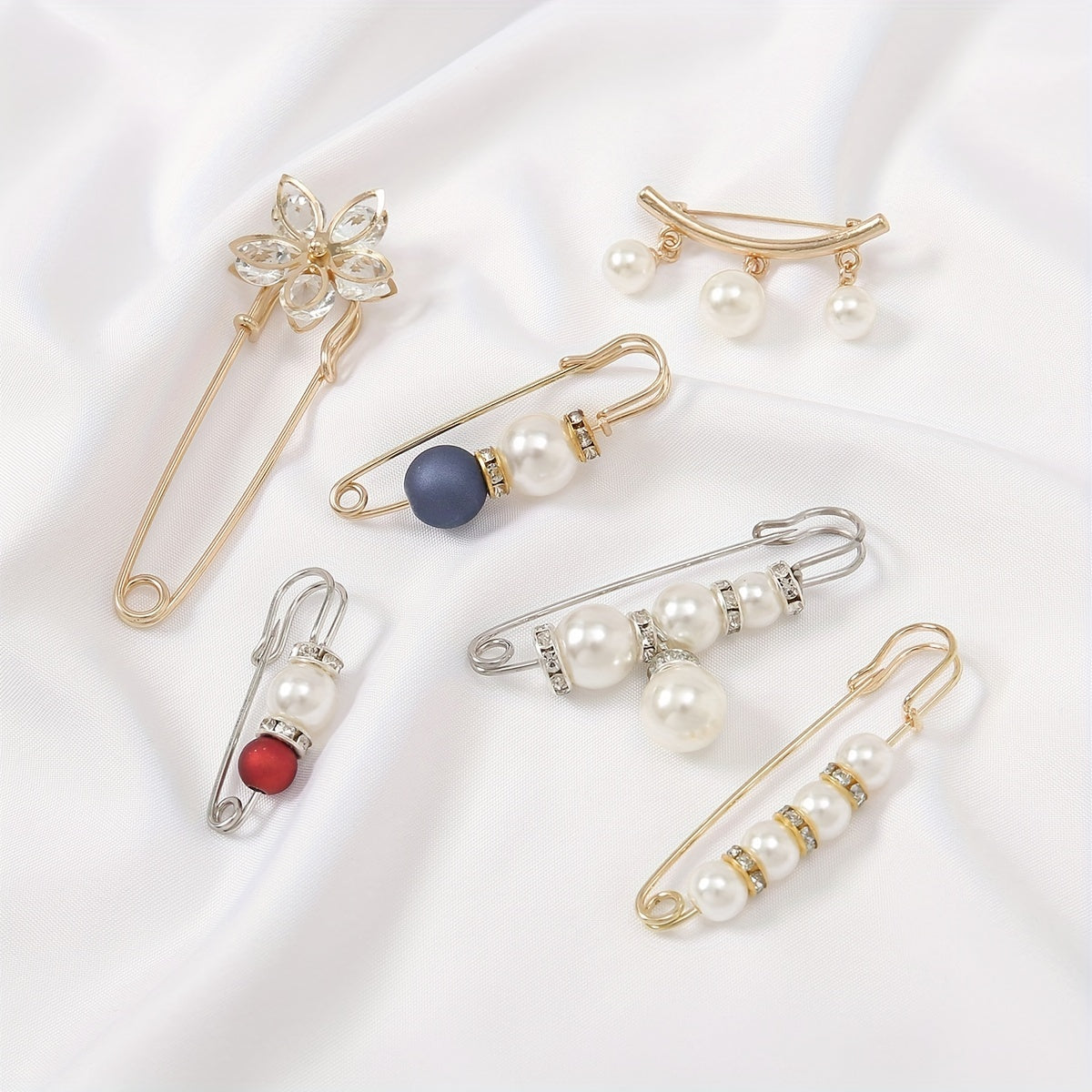 5pc Rhinestone Brooches Pearl Sweater Shawl Clips Scarf Buckles