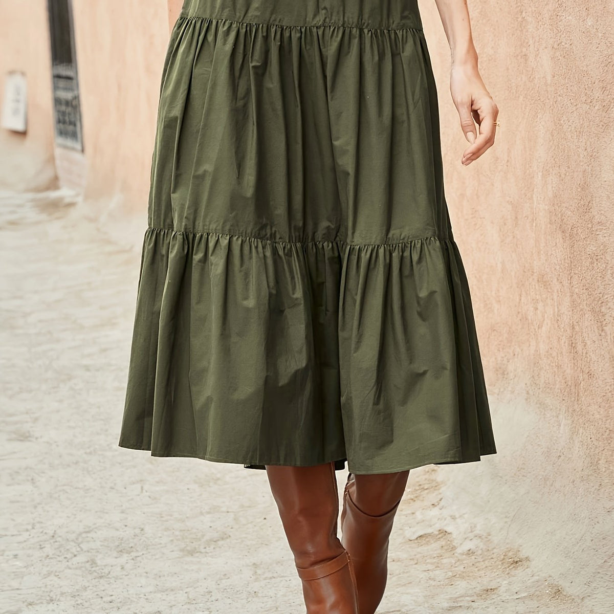  Solid Elastic Waist Pleated Smock A line Skirt