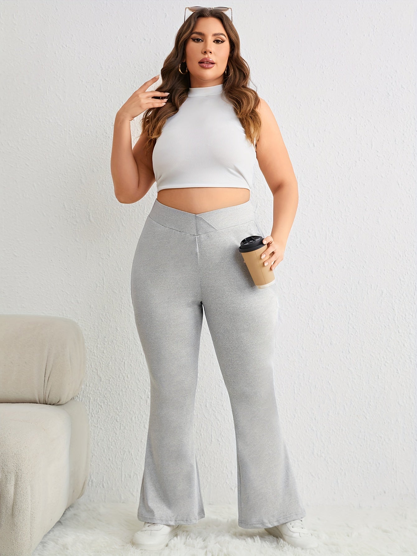  Women's Solid Flared Leg High Rise Trousers