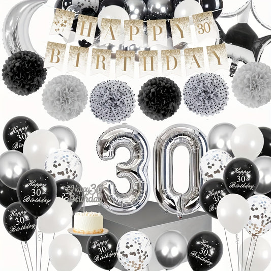 30th Birthday Silver Flower Wreath Balloon & Confetti Decoration