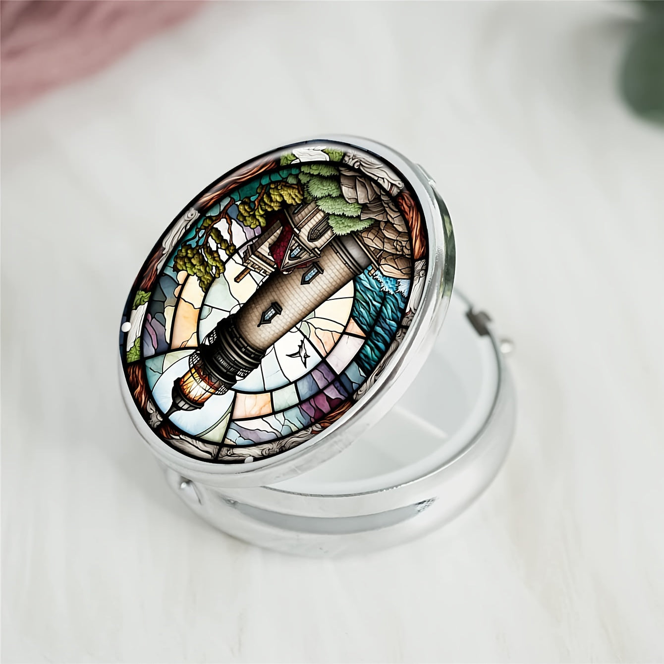 Lighthouse Round Pill Box 3 Compartment Mini Decorative Travel Pill Case
