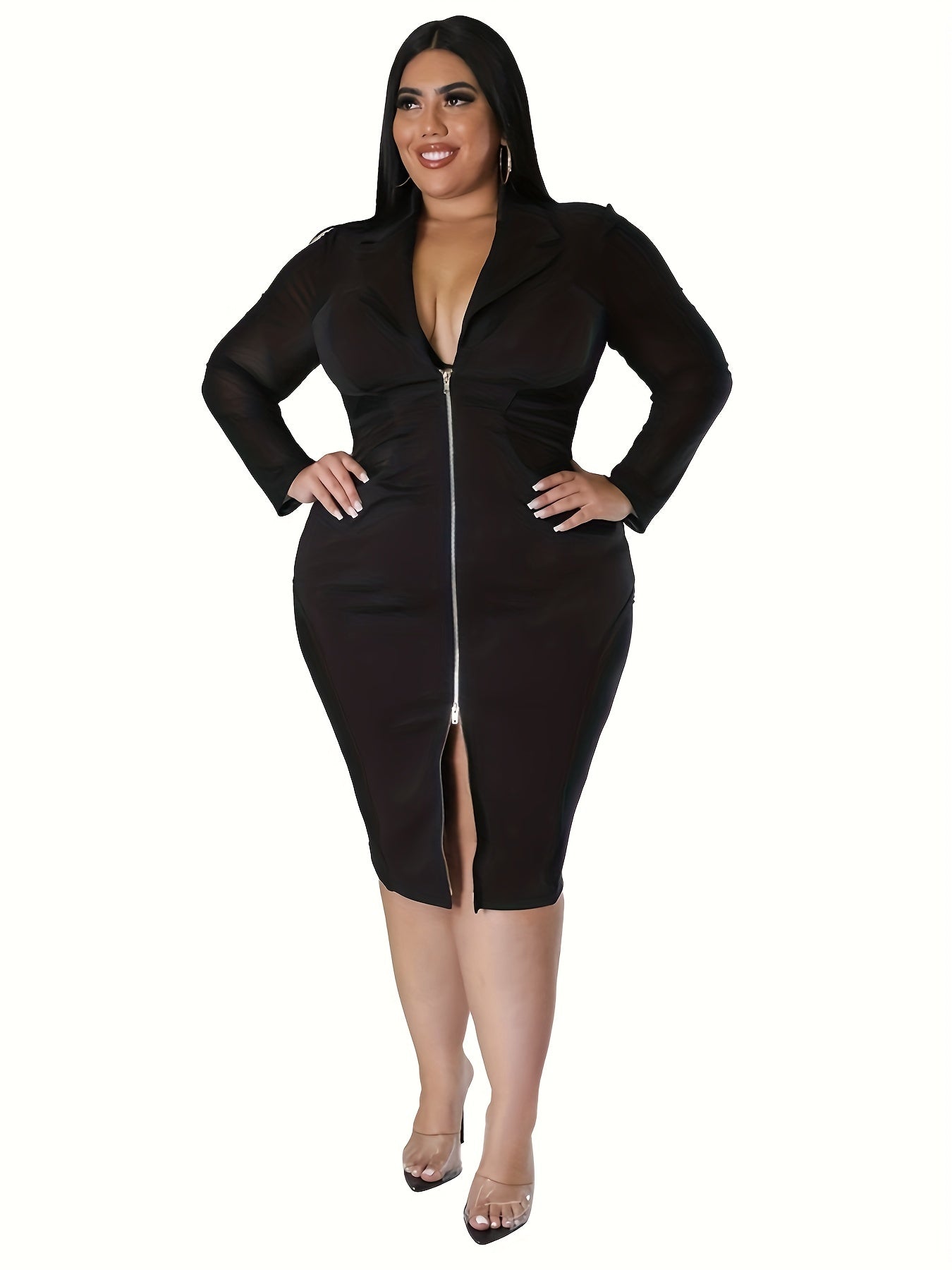  Sexy Contrast Mesh Long Sleeve Bodycon Midi Dress