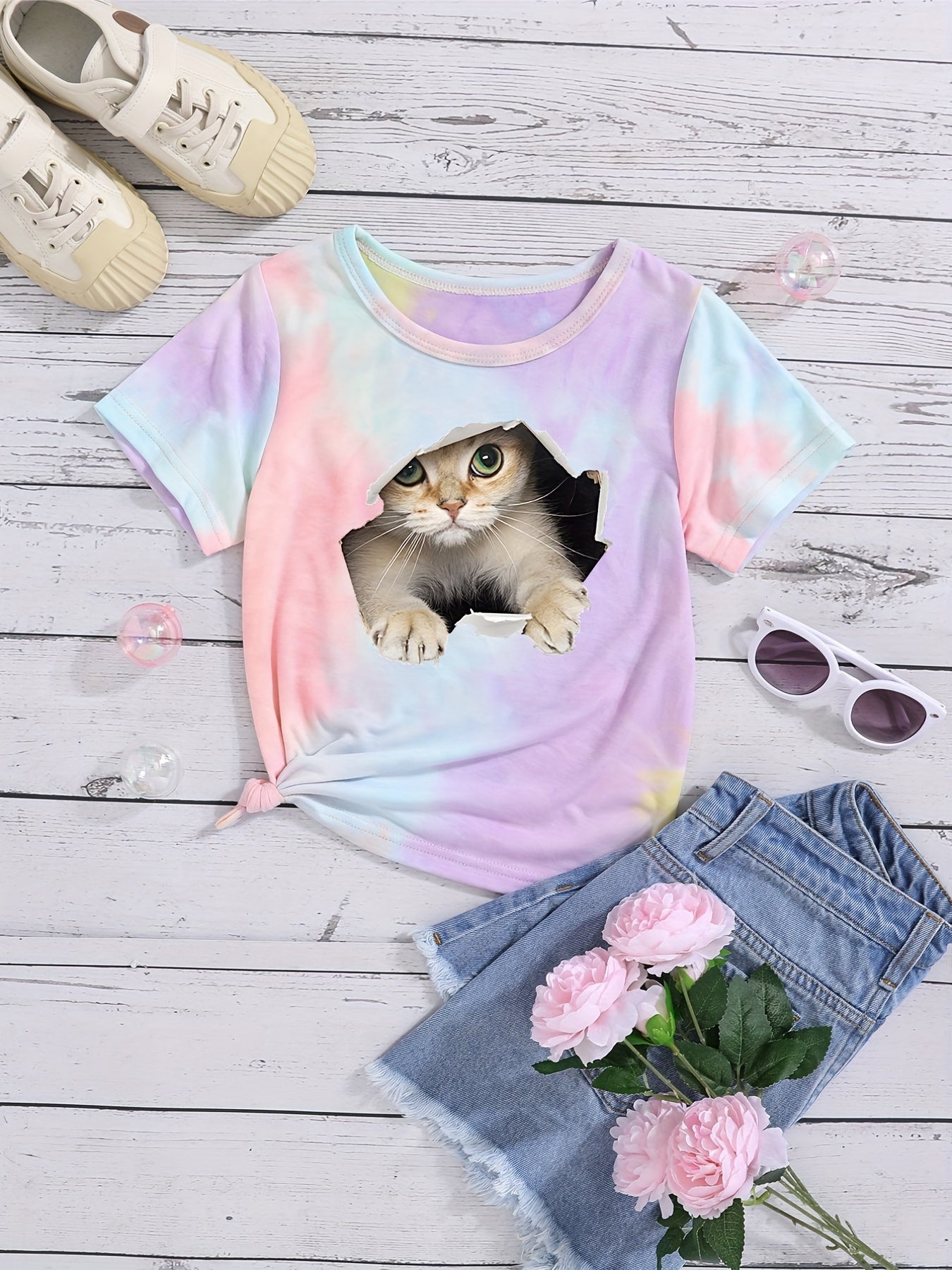 Kitty & Tie Dye Tee for Toddler Girls Short Sleeve Crewneck Summer Top