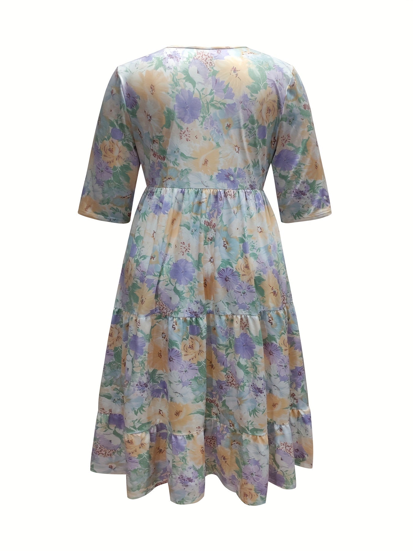 Floral Print Short Sleeve Round Neck Smock Dress With Pockets