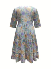 Floral Print Short Sleeve Round Neck Smock Dress With Pockets