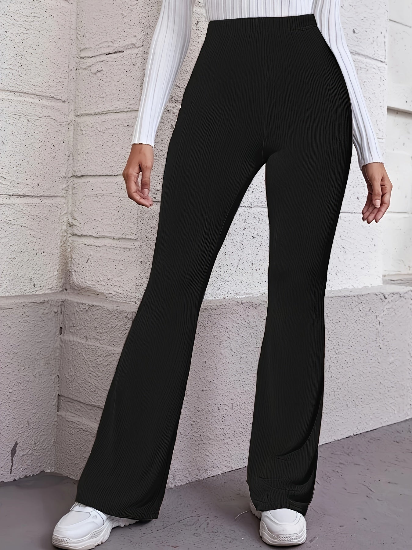  Women's Ribbed High Rise Flared Leg Trousers