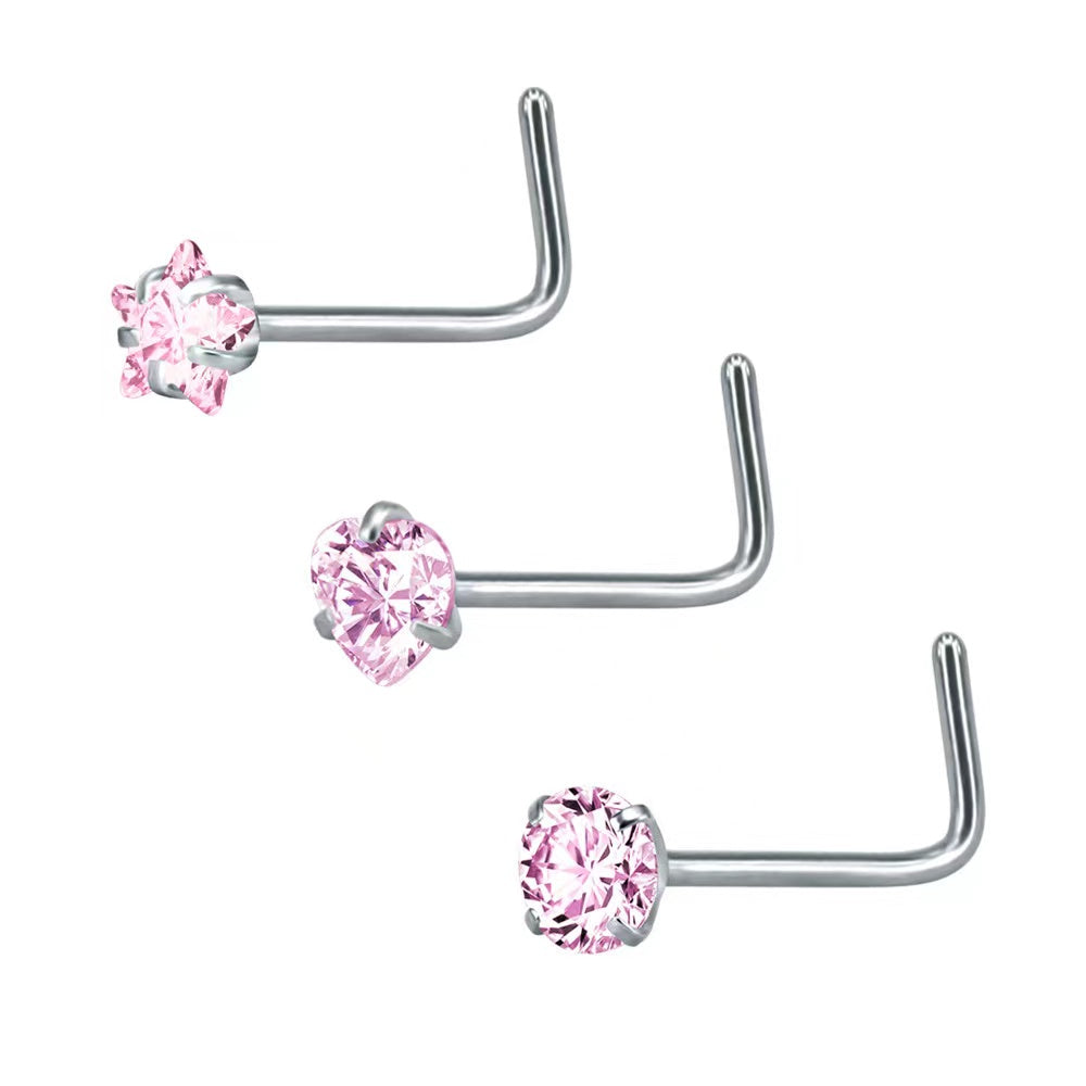 3 Pcs Heart Star Round Zircon Nose Rings Set Stainless Steel Cartilage Stud