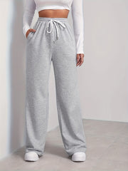  Sporty Pants Women's Plus Solid High Rise Wide Leg Trousers