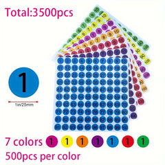 3500 pcs 2.54 cm 1-100 Number Stickers 7 Colors Digital Sticky Notes Labels
