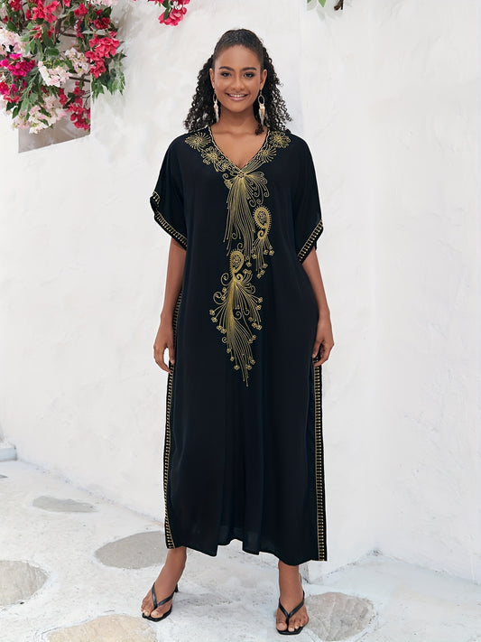  Boho Abaya Dress Women's Plus Golden Embroidered Bat Sleeve V Neck Max