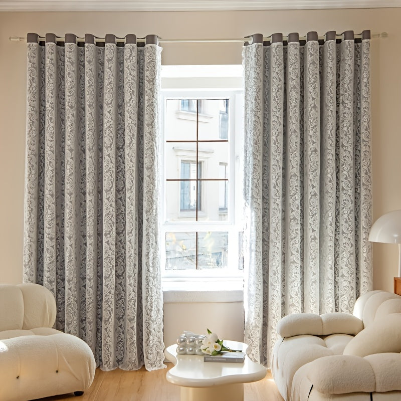 Gray Blackout Window Curtain With Tulle Overlay For Room Decor