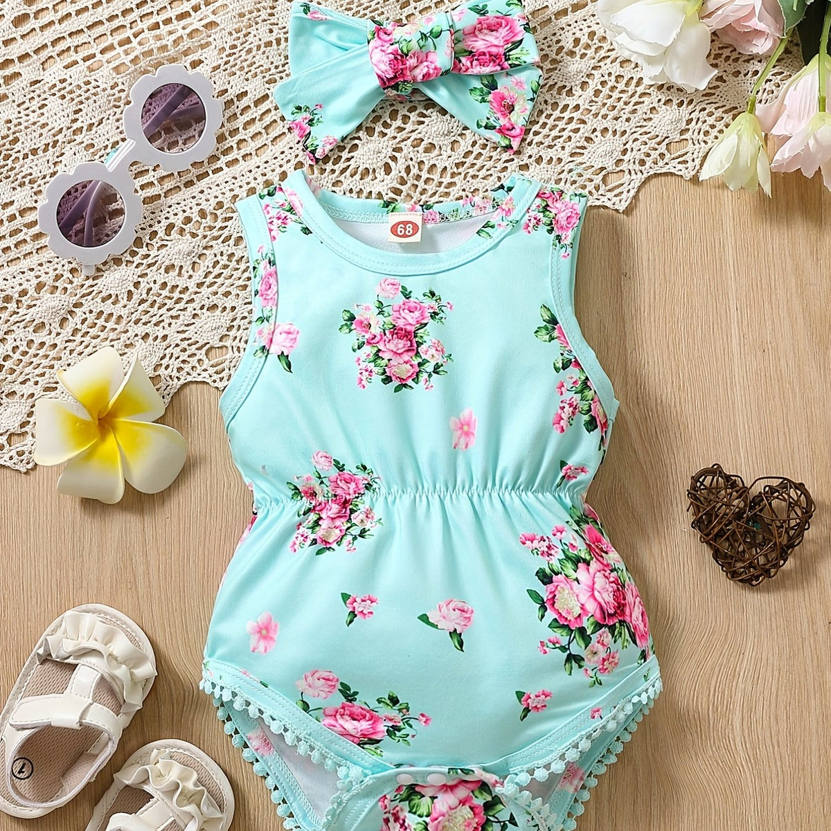 2pcs Baby Girls Floral Onesie Romper & Headband Set