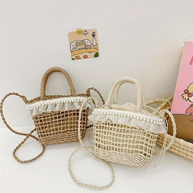 Girls' Lace Straw Woven Handbag Casual Crossbody Bag