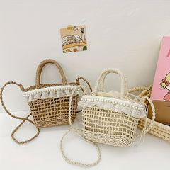 Girls' Lace Straw Woven Handbag Casual Crossbody Bag