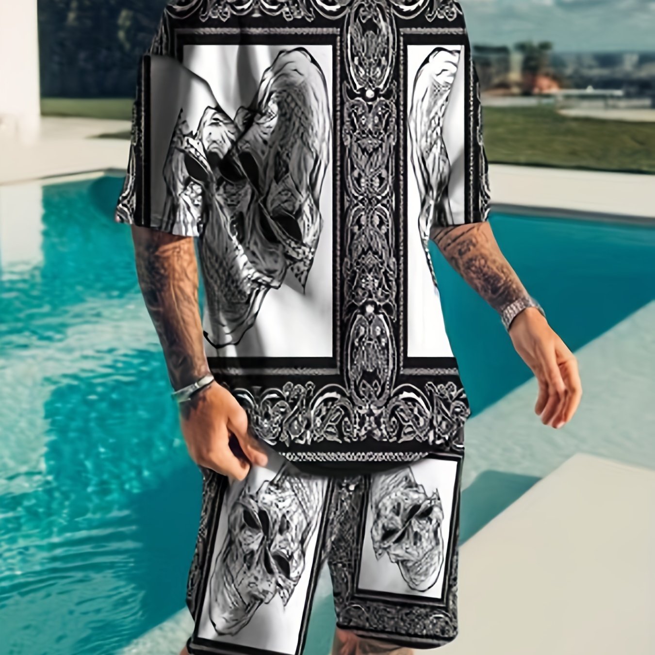 Skull All Over Print Mens 2 Piece Outfits Comfy T shirt And Casual Shorts Set