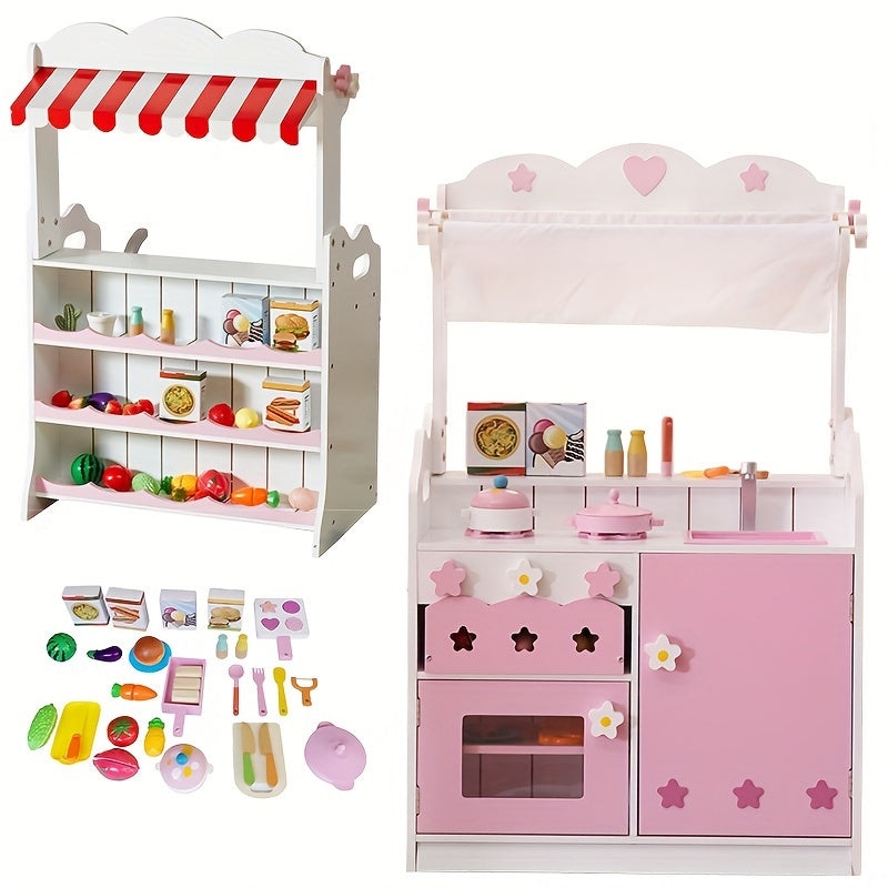 Pink Grocery Store Supermarket Double Side Play Kitchen With Toy Food