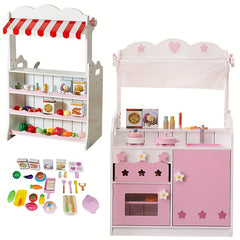 Pink Grocery Store Supermarket Double Side Play Kitchen With Toy Food