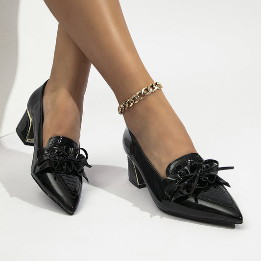 Women's Bow Faux Patent Leather Pumps Pointed Toe Chunky Heels