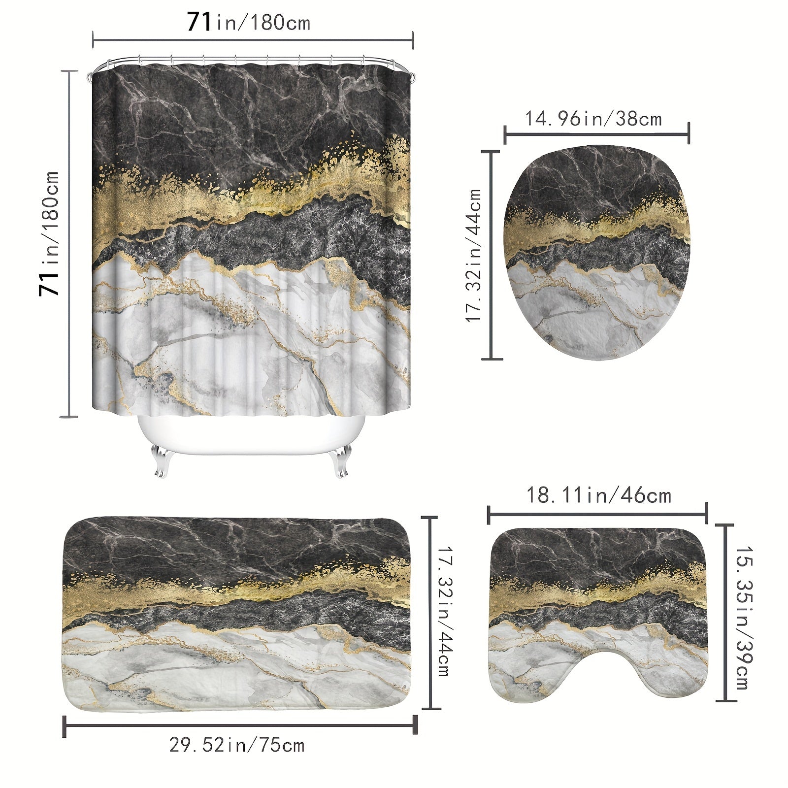 Marble Pattern Shower Curtain Set 4Pcs