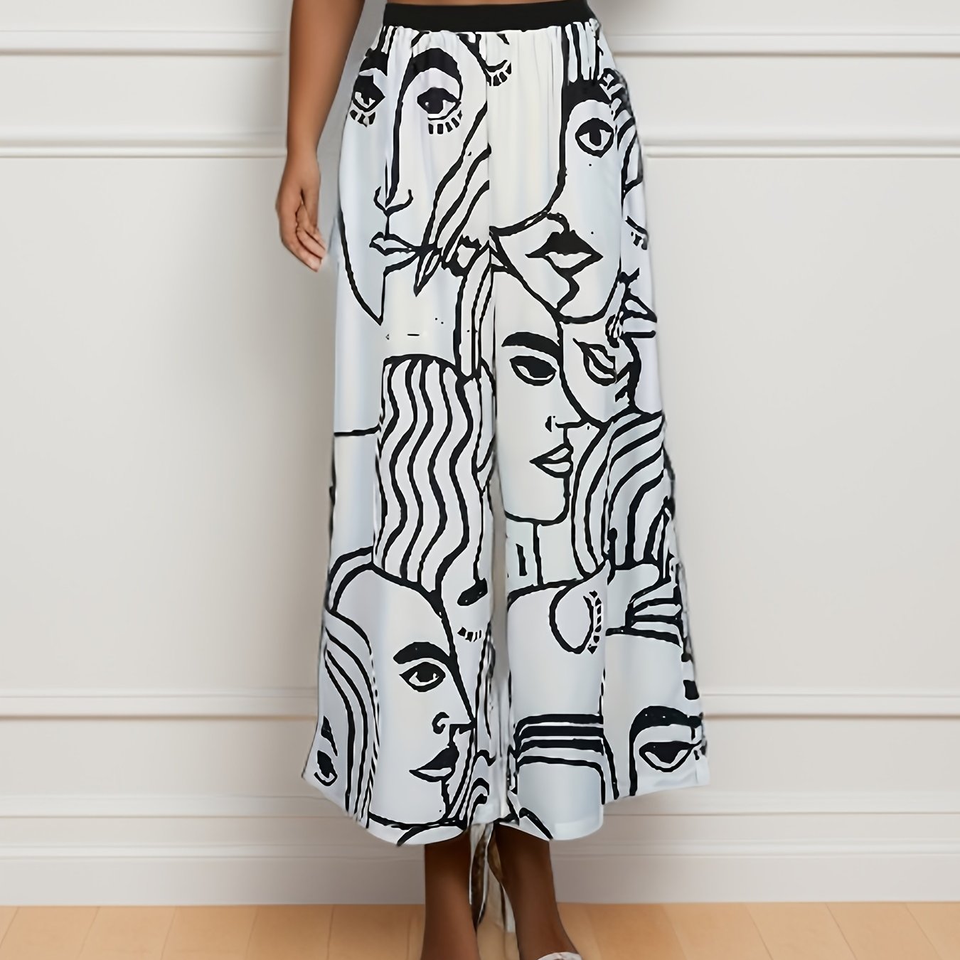 Women's Plus Abstract Figure Print High Rise Wide Leg Trousers