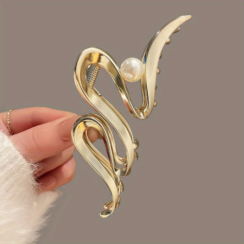 Wavy Faux Pearl Hair Claw Clip Silvery Strong Grip
