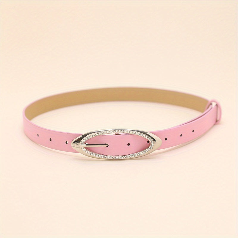 Pink Y2K Thin Belt Rhinestone Oval Pin Buckle PU Leather Waistband