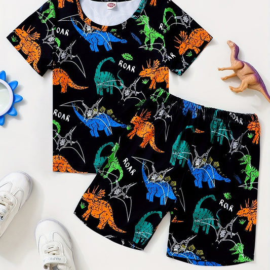 2pcs Boys Dinosaur Graphic Print Tee & Shorts Set Summer Kids Clothes