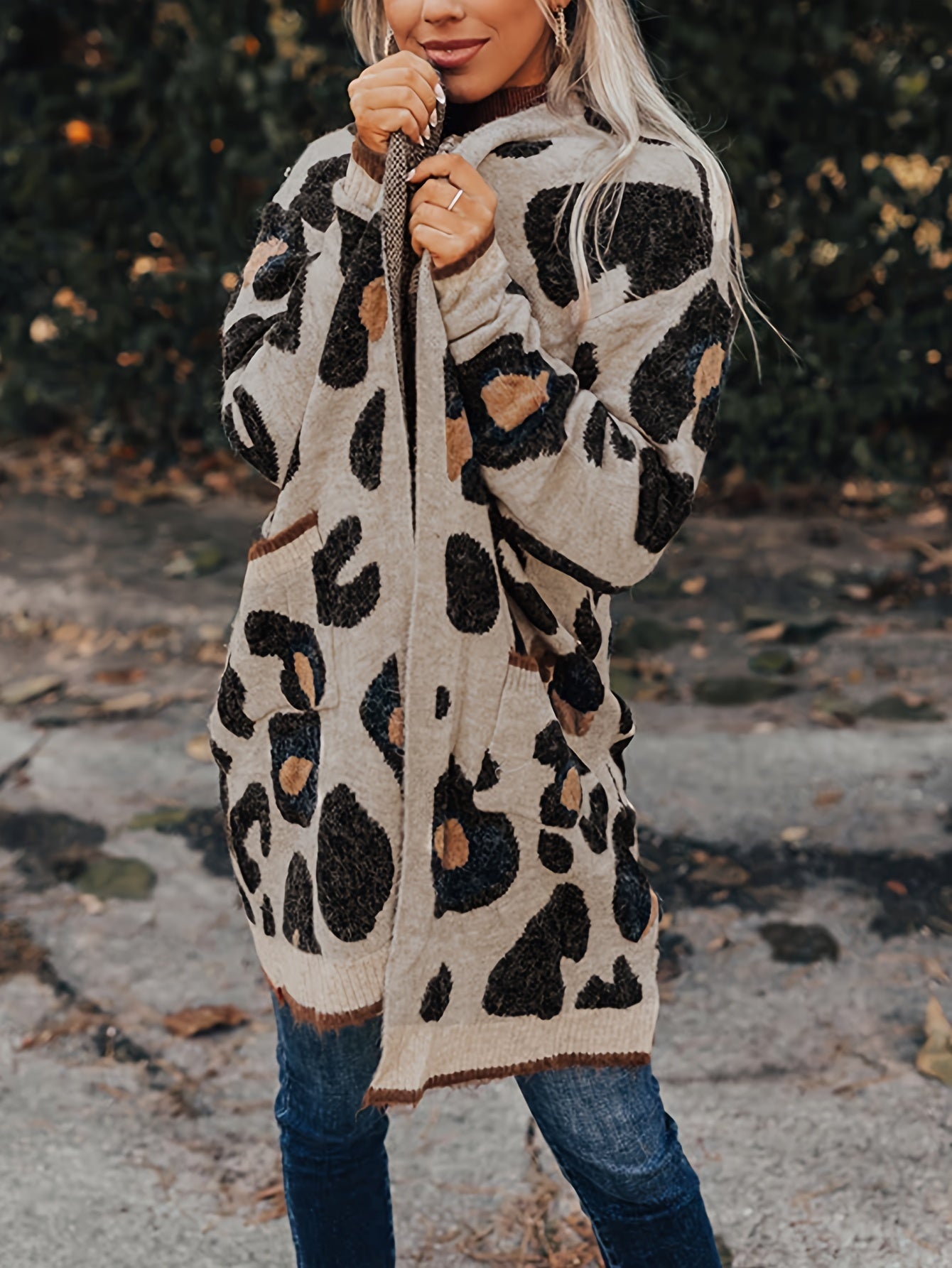  Leopard Print Open Front Cardigan with Pockets