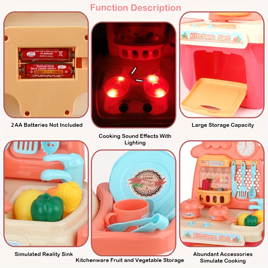 22Pcs Kids Kitchen Playset w/ Lights & Sounds - Realistic Pretend Play Food